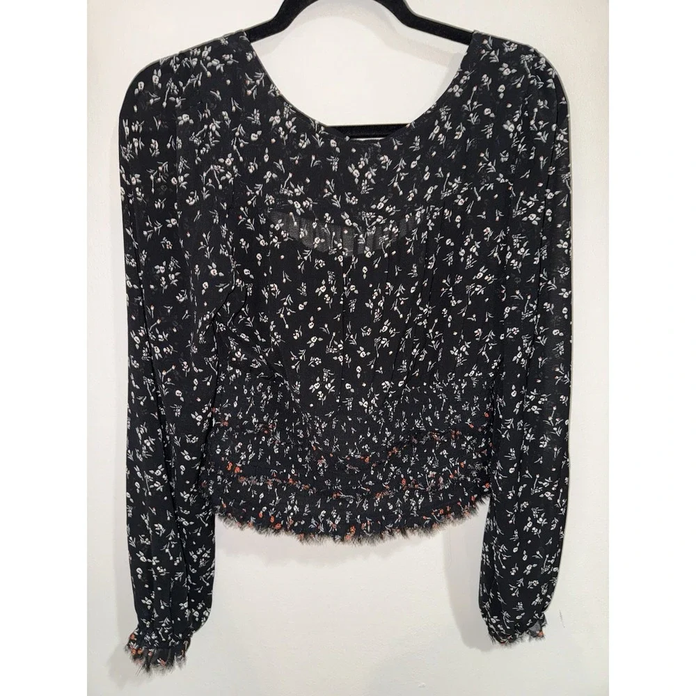 Free‎ People Lolita Floral Smocked Blouse L Black Cottage Peasant Top Semi Sheer